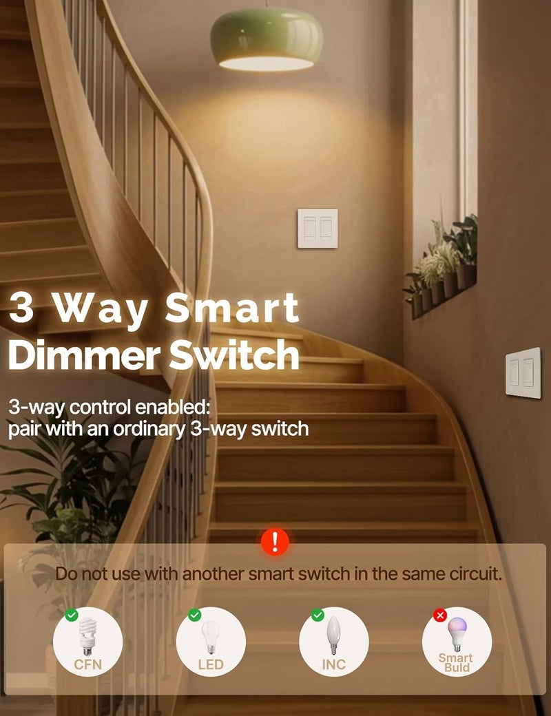 MOES 3 Way Smart Star Ring Dimmer Switch, 2.4GHz WiFi Dimmable Light Switch,Neutral Wire Required, Smart Life APP Remote Control, Works with Alexa & Google Assistant, Timer & Schedule White 2 Gang - Image 3
